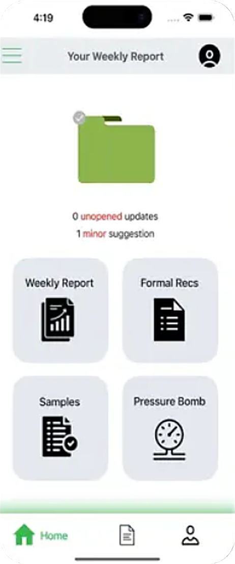 The Ag Advisors app home screen, showing unopened updates and shortcuts to Weekly Report, Formal Recs, Samples and Pressure Bomb